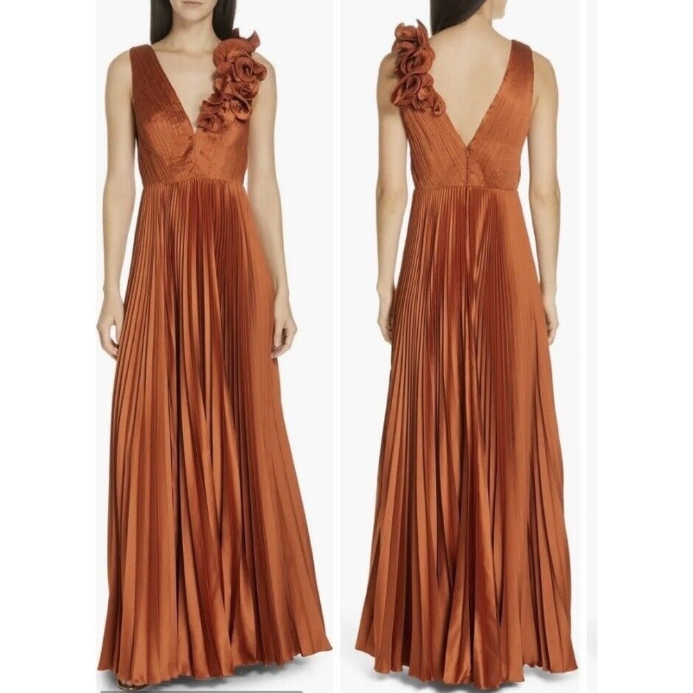 AMUR Rust Copper Pleated Maxi Dress with Floral Shoulder